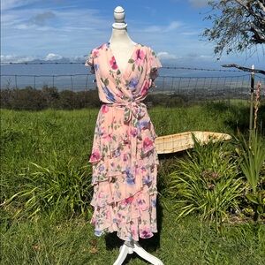 NWT Lauren Ralph Lauren Floral Belted Crinkle Georgette Dress Ruffle Pink 12